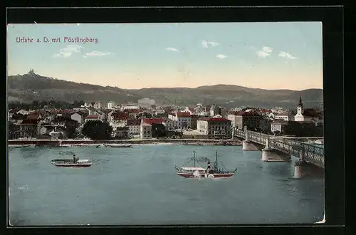 AK Linz a. D., Ortsansicht mit Pöstlingberg, Flusspartie mit Dampfer