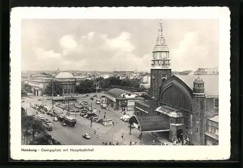 AK Hamburg, Georgsplatz mit Hauptbahnhof und Strassenbahn