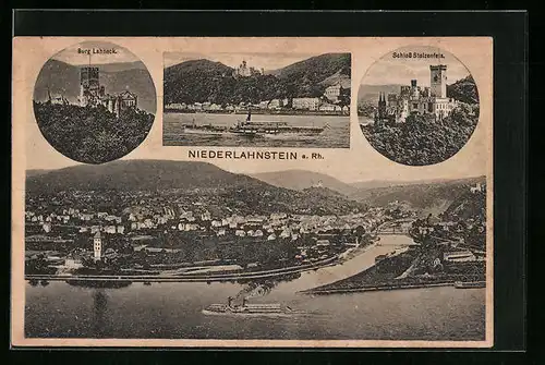 AK Niederlahnstein a. Rh., Burg Lahneck, Schloss Stolzenfels, Uferpartie mit Dampfer