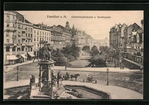 AK Frankfurt a. M., Gutenbergdenkmal und Goetheplatz mit Geschäften