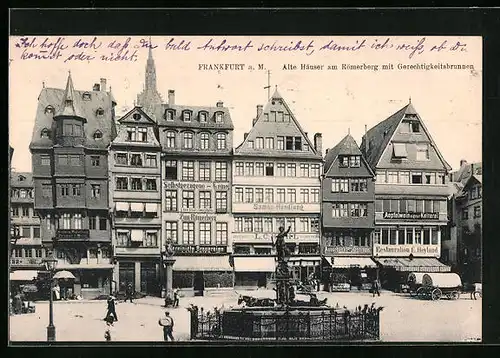 AK Alt-Frankfurt, Alte Häuser am Römerberg mit Geschäften und Gerechtigkeitsbrunnen