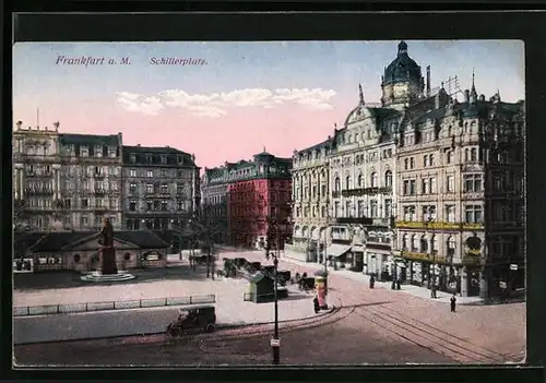 AK Frankfurt a. M., Schillerplatz mit Geschäft und Denkmal
