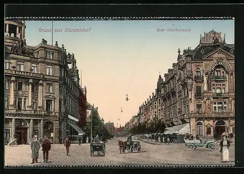AK Düsseldorf, Graf Adolfstrasse mit Geschäft und Pferdewagen