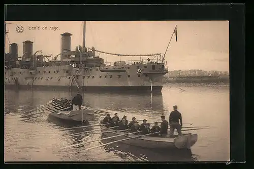 AK Ecole de nage, Kriegsschiff und Ruderboote in Fahrt