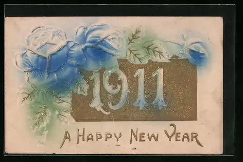 Präge-Airbrush-AK Jahreszahl mit Blumen, Neujahrsgruss 1911