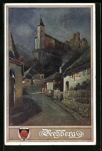Künstler-AK Deutscher Schulverein Nr. 181: Rehberg, Strassenpartie mit Kirche bei Nacht
