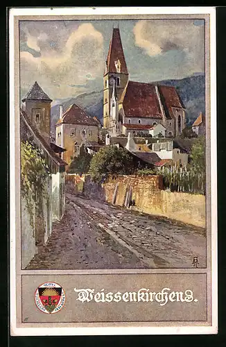 Künstler-AK Deutscher Schulverein Nr. 162: Weissenkirchen, Strassenpartie mit Kirche
