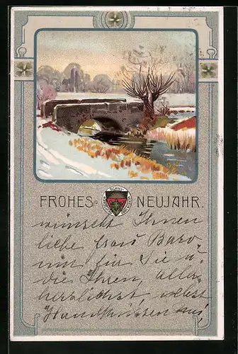 AK Deutscher Schulverein Nr. 117: Winterliche Landschaft mit Brücke, Neujahrsgruss