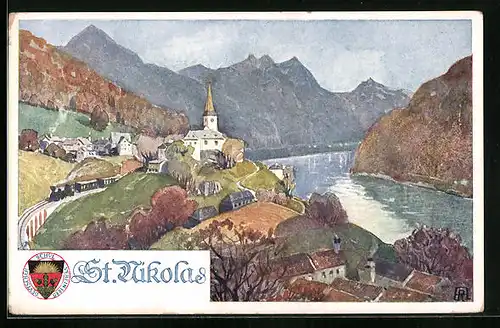 Künstler-AK Deutscher Schulverein Nr. 285: St. Nikolas, Uferpartie mit Kirche und Eisenbahn