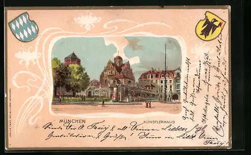 Passepartout-Lithographie München, Künstlerhaus mit Litfasssäule, Wappen