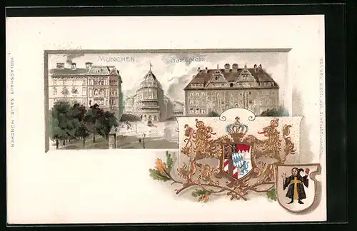 Passepartout-Lithographie München, Karlsplatz, Wappen