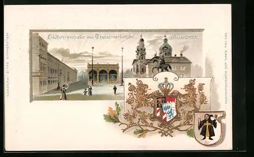 Passepartout-Lithographie München, Feldherrenhalle mit Theatinerkirche, Wappen