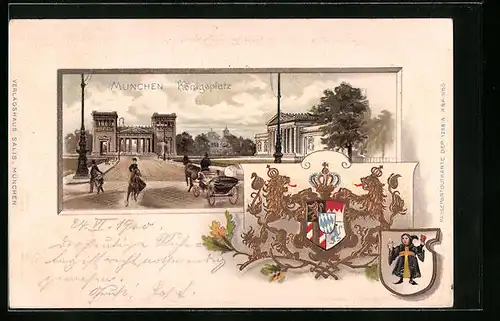 Passepartout-Lithographie München, Königsplatz mit Pferdewagen, Wappen
