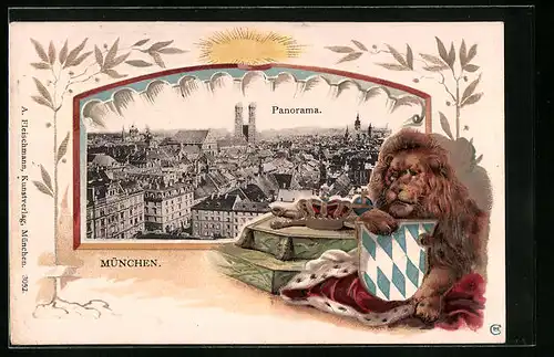 Passepartout-Lithographie München, Panorama mit Frauenkirche, Löwe mit Wappen