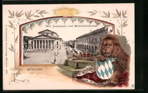 Passepartout-Lithographie München, Max Josephplatz und Maximilianstrasse, Löwe mit Wappen