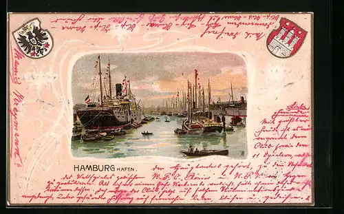 Passepartout-Lithographie Hamburg-Harburg, Hafen, Wappen