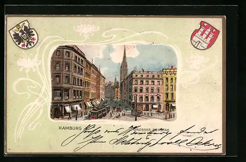 Passepartout-Lithographie Hamburg, Grosser Burstah mit Kirche und Strassenbahn, Wappen