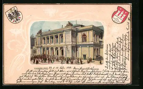 Passepartout-Lithographie Hamburg, Börse, Wappen