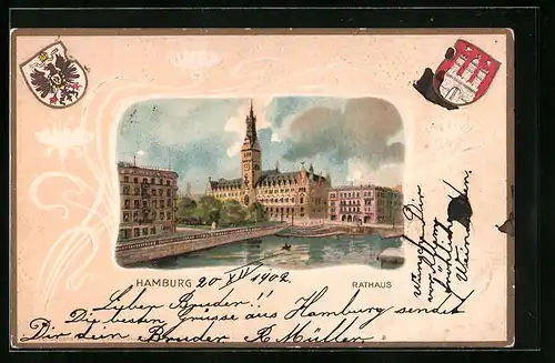 Passepartout-Lithographie Hamburg, Rathaus, Wappen