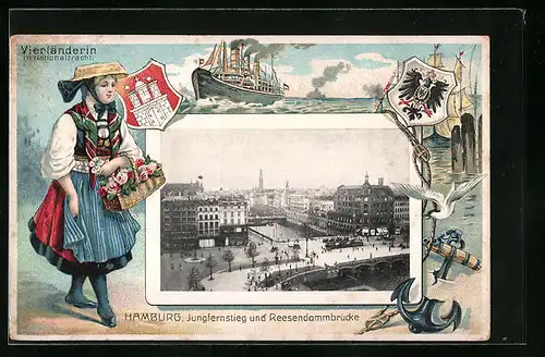 Passepartout-Lithographie Hamburg, Jungfernstieg und Reesendammbrücke, Vierländerin in Nationaltracht, Wappen