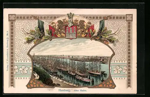 Passepartout-Lithographie Hamburg-Harburg, Alter Hafen, Wappen