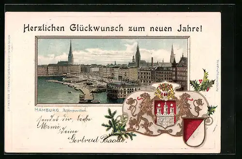 Passepartout-Lithographie Hamburg-Neustadt, Alsterpavillon, Wappen, Neujahrsgruss