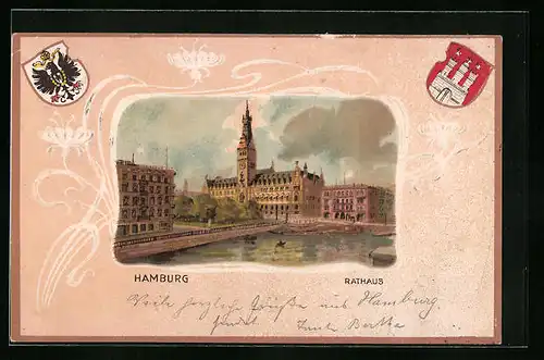 Passepartout-Lithographie Hamburg, Rathaus, Wappen