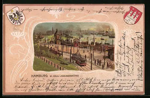 Passepartout-Lithographie Hamburg-St. Pauli, Landungsbrücke, Wappen