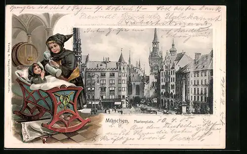 Passepartout-Lithographie München, Marienplatz mit Denkmal, Münchner Kindl bei Kind an der Wiege