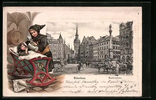 Passepartout-Lithographie München, Marienplatz mit Denkmal, Münchner Kindl bei Kind an der Wiege