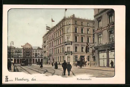 AK Hamburg, Rathausmarkt mit Geschäften und Strassenbahn