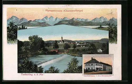 AK Tacherting a. d. Alz, Geschäftshaus v. Jos. Hintermaier, Alpenpanorama Chiemseerberge