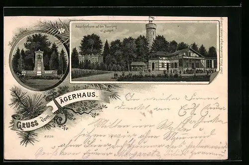 Lithographie Stuttgart, Gasthaus Jägerhaus und Aussichtsturm auf dem Hasenberg, Hauff-Denkmal