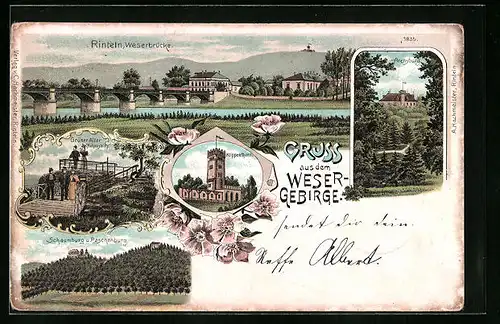 Lithographie Rinteln, Arensburg, Weserbrücke, Klippenturm