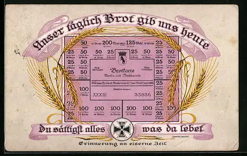 Künstler-AK Berlin, Unser täglich Brot gib uns heute.., Brotkarte, Kriegsnot