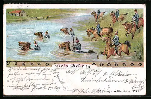 AK Soldaten der Kavallerie mit Pferden am Ufer