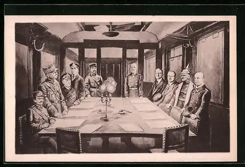 AK Heerführer General Weygand, Marschall Foch und Sir Rosslyn-Wemis, Signature de l`Armistice 1918