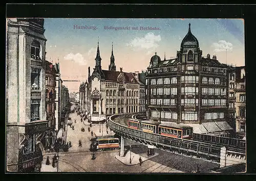 AK Hamburg, Rödingsmarkt mit Hochbahn