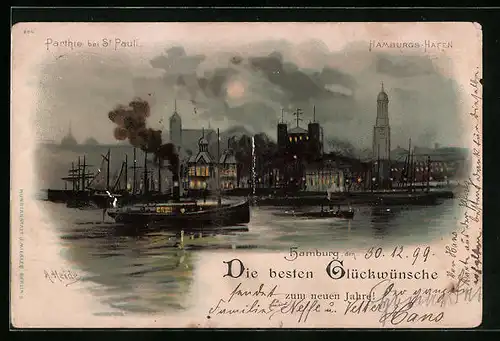 Künstler-Lithographie sign. A. Heide: Hamburg, Partie bei St. Pauli, Hafen