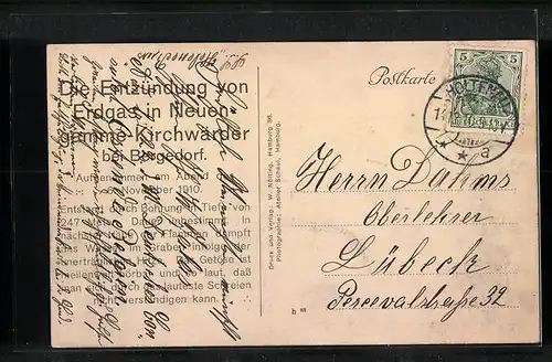 AK Hamburg-Neuengamme, Entzündung von Erdgas 1910