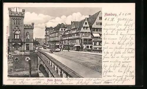 AK Hamburg, Hohe Brücke mit Strassenbahn
