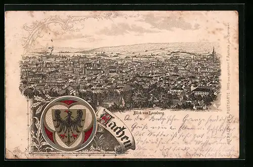 Lithographie Aachen, Panorama und Wappen