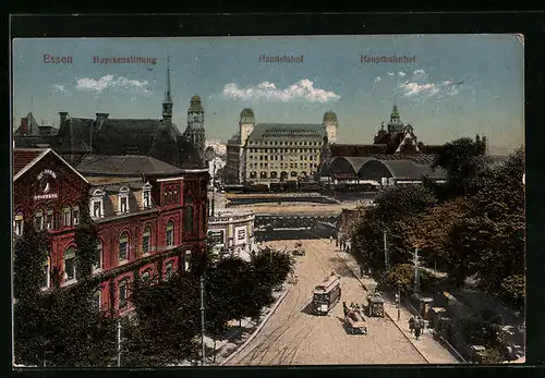 AK Essen, Huyssenstiftung, Hauptbahnhof und Strassenbahn