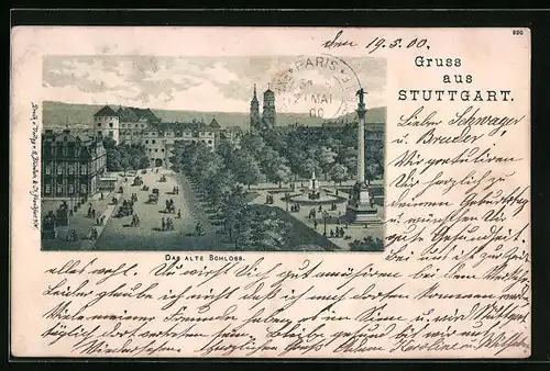 Lithographie Stuttgart, Das alte Schloss mit Denkmal