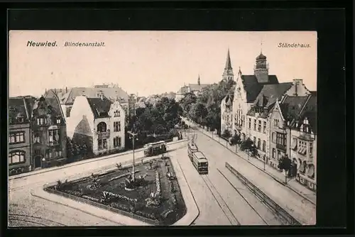 AK Neuwied, Blindenanstalt und Ständehaus mit Strassenbahn
