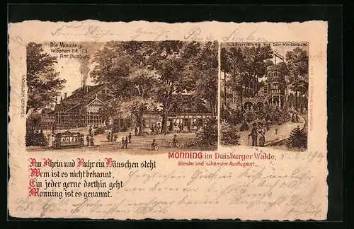 Lithographie Duisburg /Rhein, Monning im Duisburger Walde mit Strassenbahn, Aussichtsturm auf dem Kaiserberg