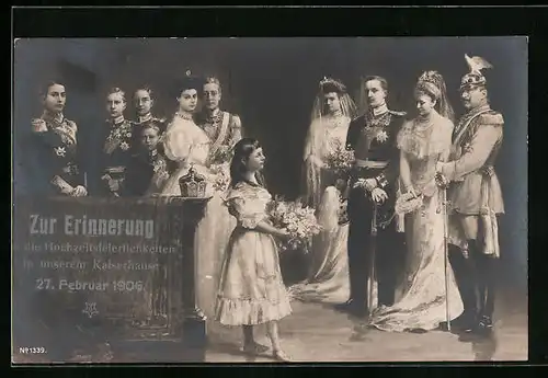AK Hochzeitsfeierlichkeiten 1906, Kaiserin Auguste Victoria und Wilhelm II. im Kreis der Familie
