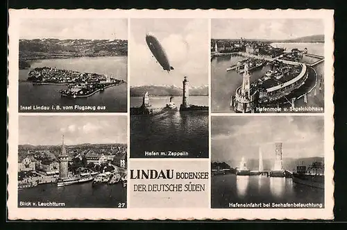 AK Lindau /Bodensee, Hafen mit Leuchtturm und Zeppelin, Blick vom Leuchtturm, Hafenmole und Segelclubhaus
