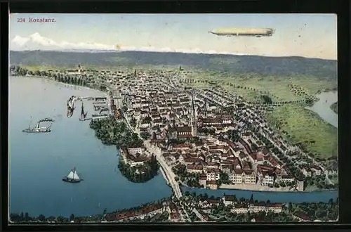 AK Konstanz, Teilansicht mit Luftschiff Zeppelin