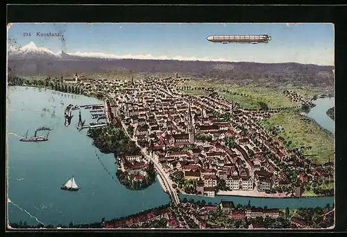 AK Konstanz, Teilansicht mit Luftschiff Zeppelin